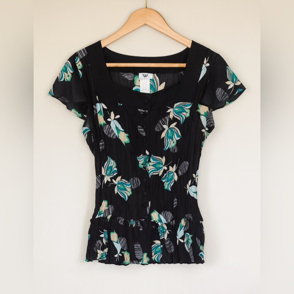 Vintage Y2K Worthington Womens Sheer Black Floral Button Top sz M 90s Preppy